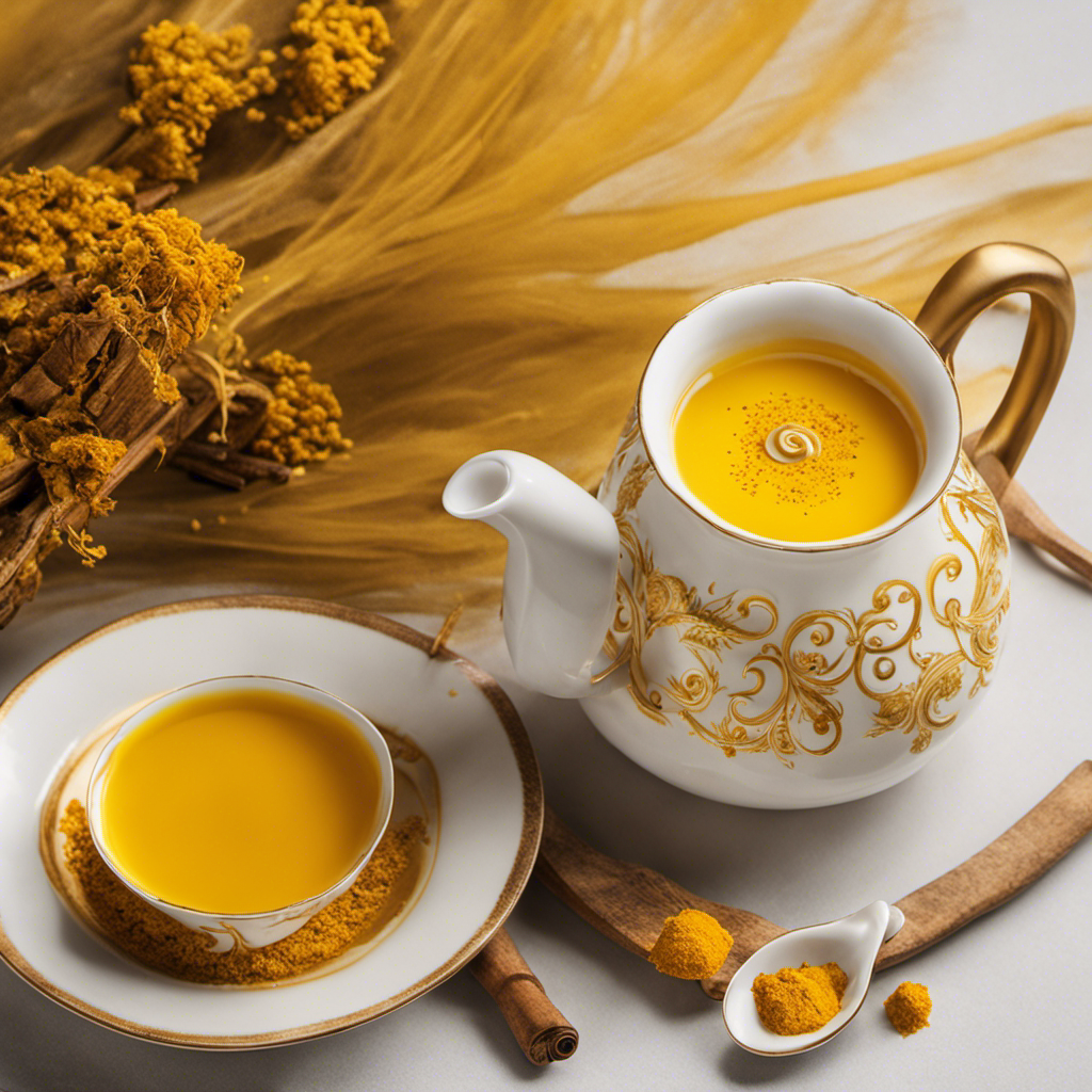 An image showcasing a steaming cup of golden organic turmeric tea