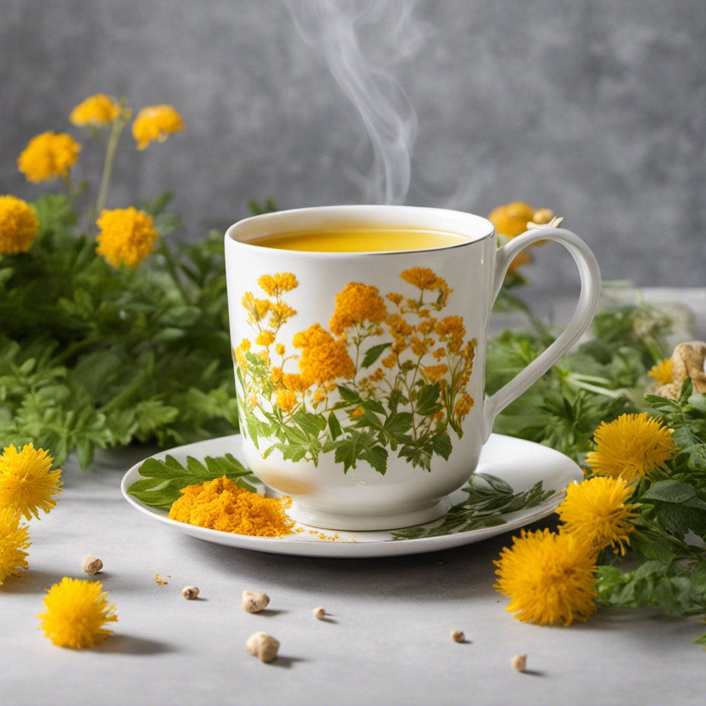 An image showcasing a steaming cup of Organic Turmeric Tea, infused with vibrant meadowsweet flowers and freshly sliced ginger