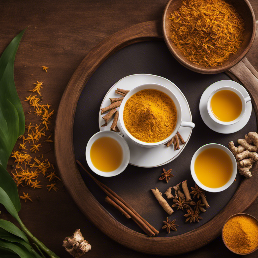 An image that captures the essence of a serene Buddhist temple, with a steaming cup of vibrant golden turmeric tea placed delicately on a wooden tray, surrounded by fresh turmeric roots, ginger, and fragrant spices