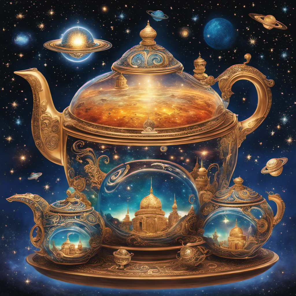 An image depicting a whimsical scene where celestial teapots with intricate alien designs float weightlessly amidst a cosmic backdrop, accompanied by swirling galaxies, sparkling stars, and ethereal rays of light