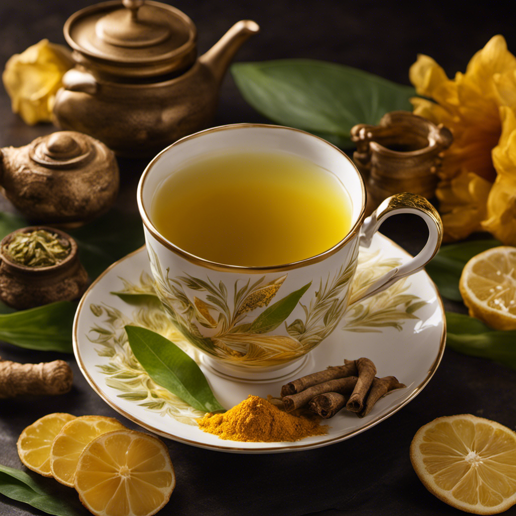 An image showcasing a steaming cup of Paromi Green Tea Turmeric Ginger: vibrant golden hues swirling in a delicate porcelain cup, ginger slices floating amidst tea leaves, evoking a sense of warmth and healing
