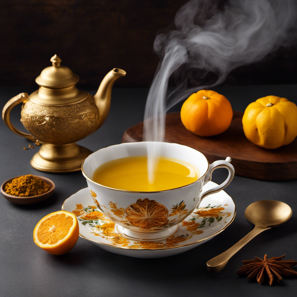 An image that showcases an elegant porcelain teacup filled with Paromi Turmeric and Ginger Tea, surrounded by vibrant yellow and orange spices, with steam rising gently from the cup