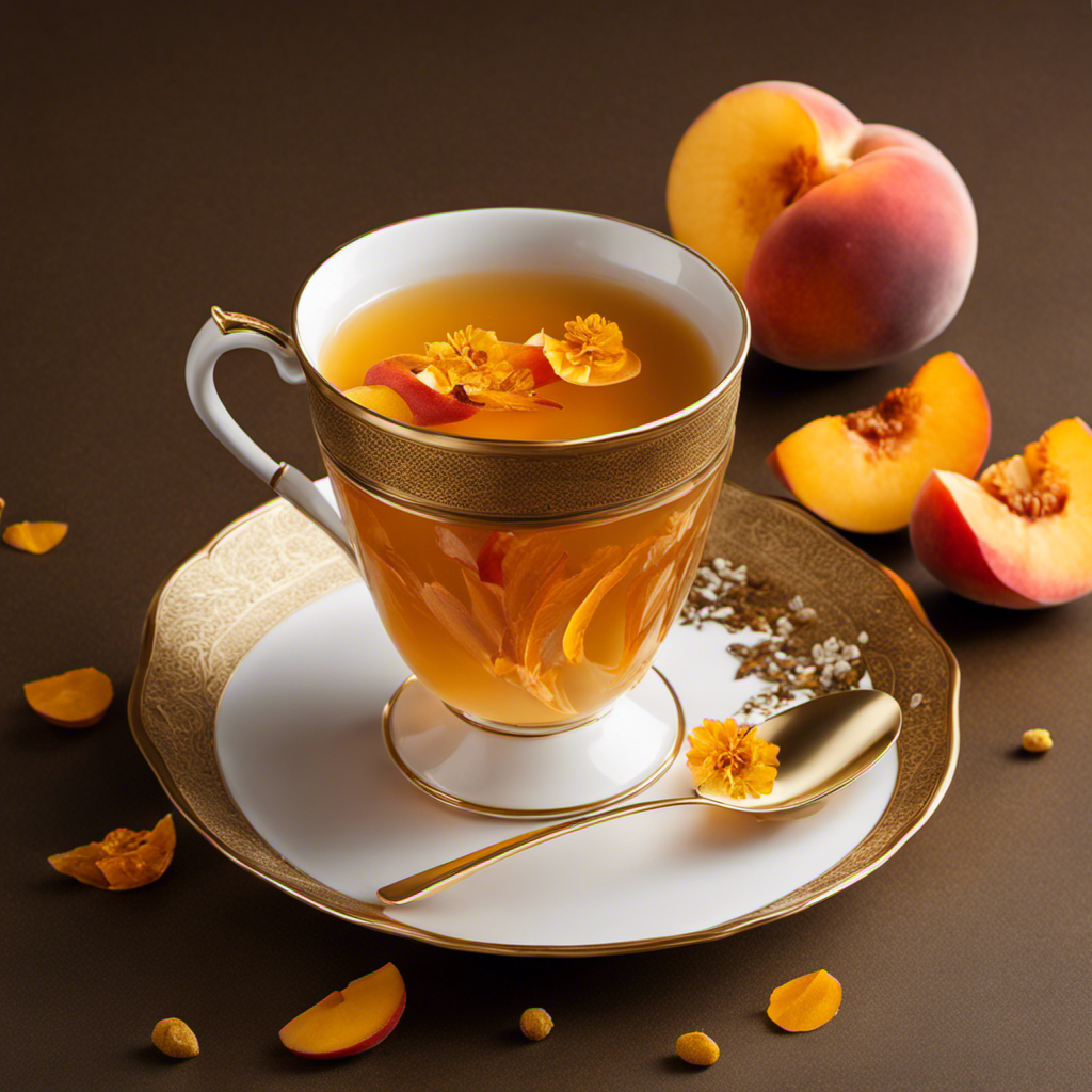 An image that captures the essence of Peach and Turmeric Tea: A delicate teacup adorned with vibrant peach slices, surrounded by golden turmeric petals, gently infusing in a steaming brew