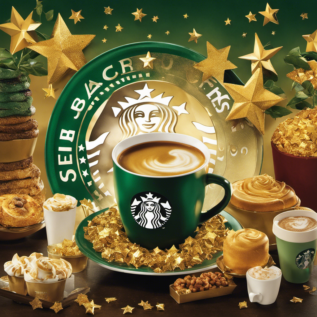 An image that showcases a dynamic collage of Starbucks rewards, featuring a stack of golden stars symbolizing loyalty, a barista serving a customer with a smile, and a happy coffee lover enjoying free drinks, exclusive offers, and more