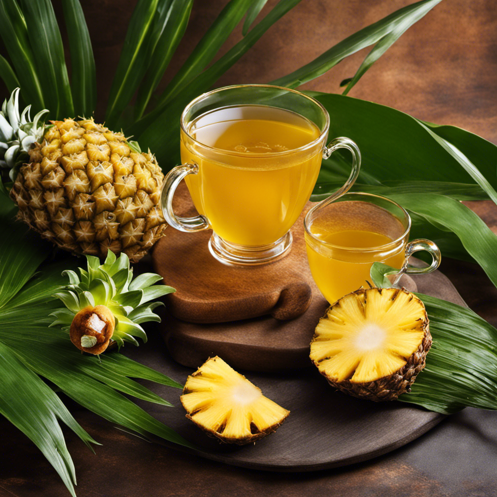 An image of a steaming cup of vibrant golden Pineapple Turmeric Tea, adorned with slices of fresh pineapple and a sprinkle of turmeric powder, against a backdrop of lush tropical foliage