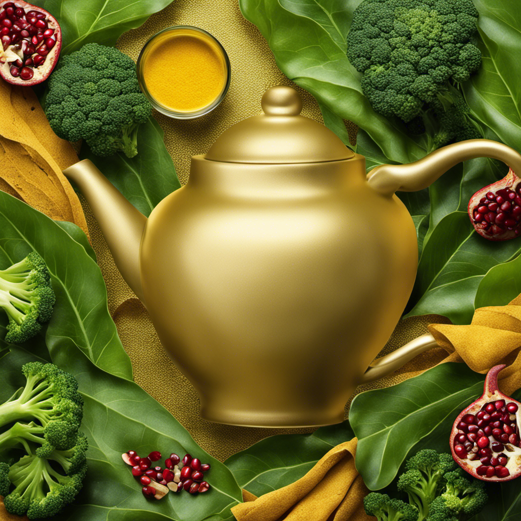 An image showcasing a vibrant, lush green tea leaf with pomegranate seeds and broccoli florets gracefully blending into a golden swirl of turmeric