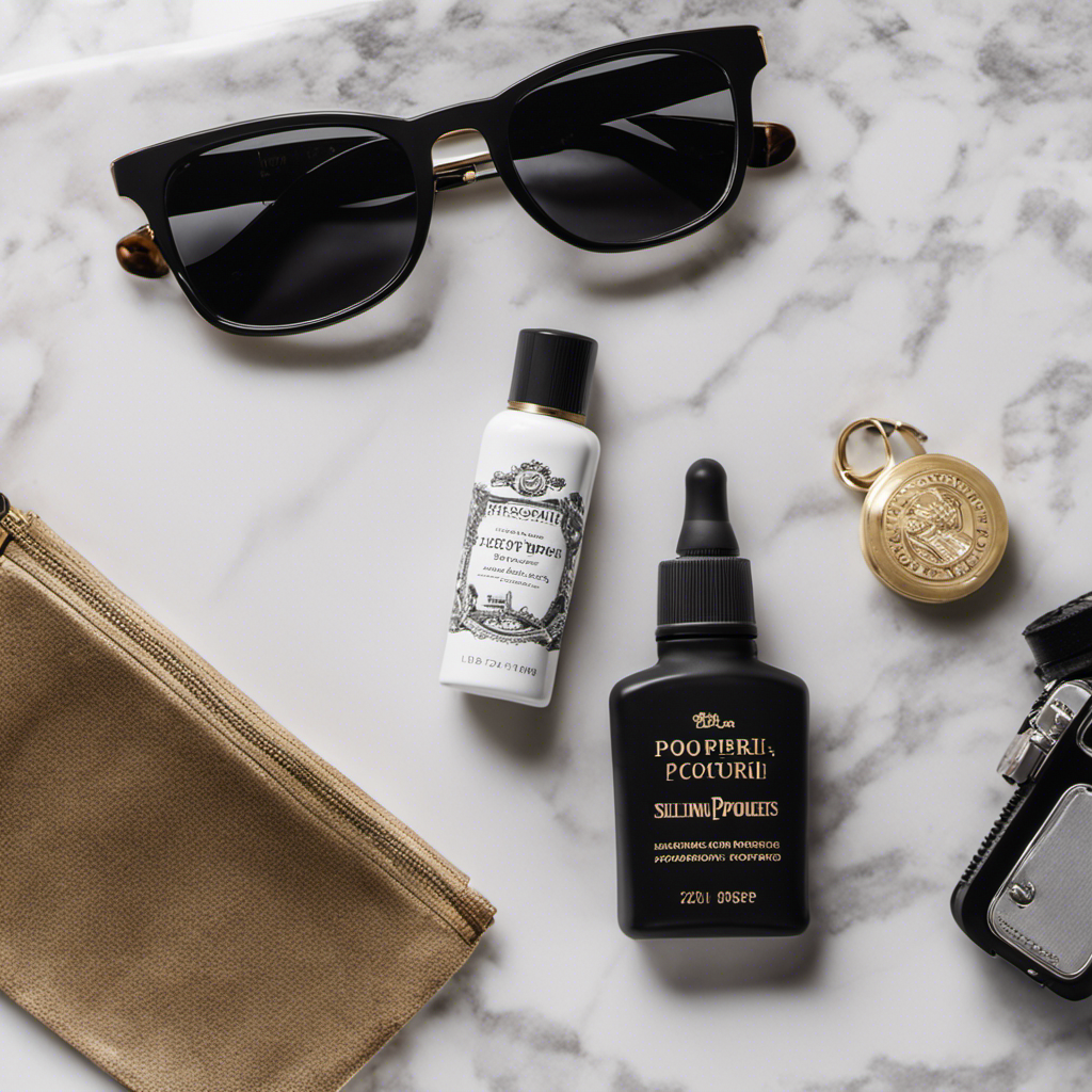 An image showcasing a stylish, compact Poo-Pourri On-The-Go Travel Size bottle placed next to a passport on a pristine white marble countertop, surrounded by travel essentials like sunglasses, a map, and a camera