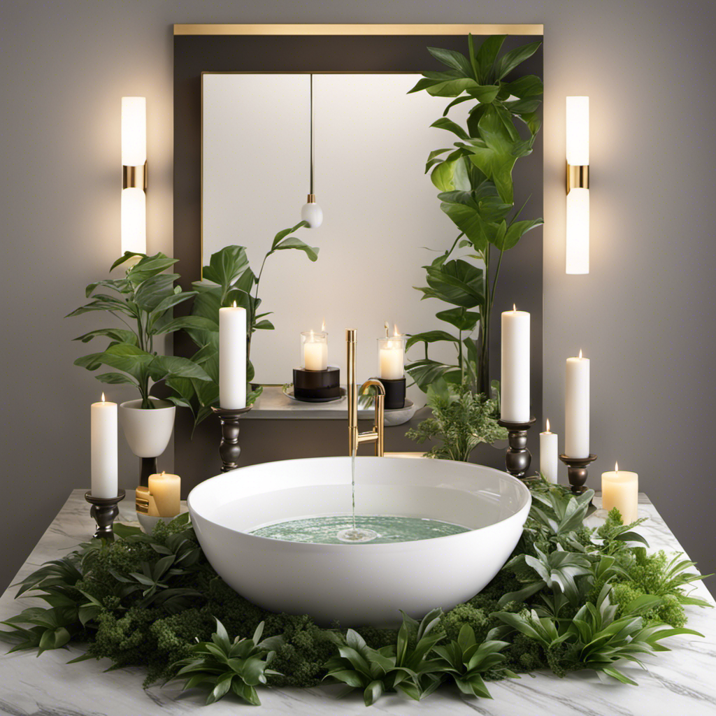 An image showcasing a tranquil bathroom oasis with a modern, sleek design