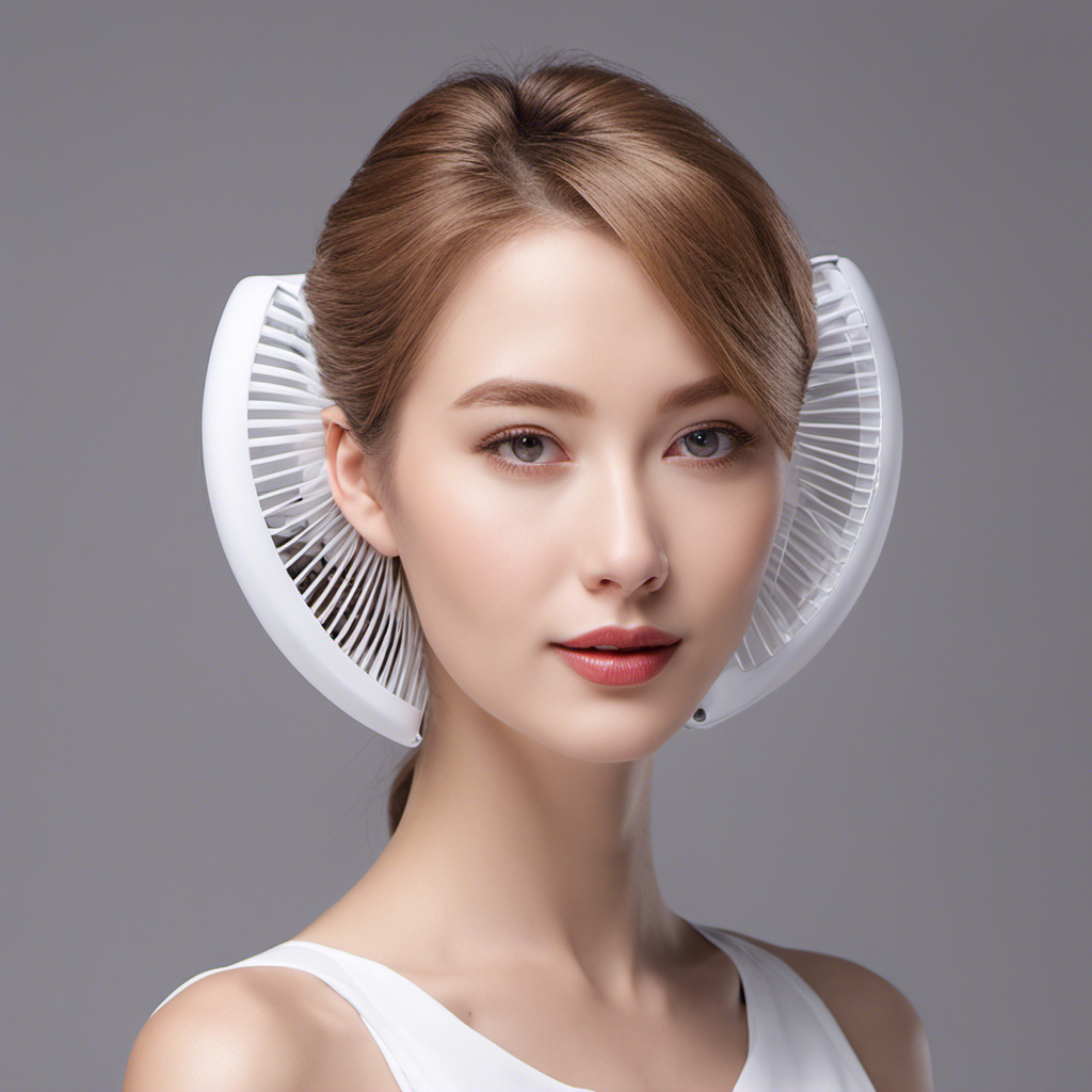 An image that showcases a person wearing a portable neck fan, with a blissful expression on their face