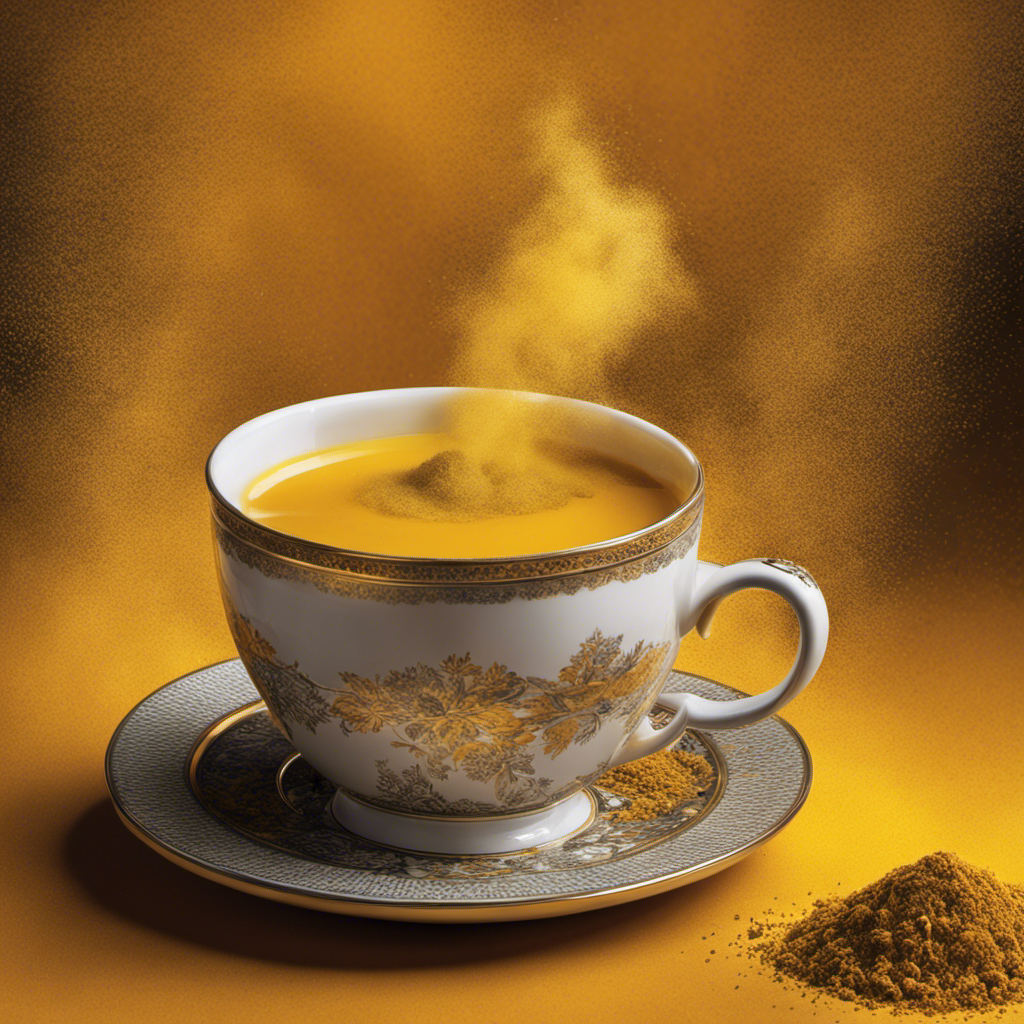 An image capturing a steaming cup of golden powdered turmeric tea, with wisps of fragrant steam rising from its surface