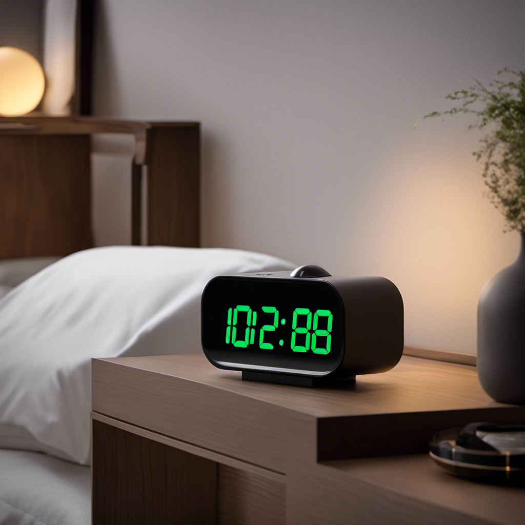 An image showcasing the sleek design of the PPLEE Alarm Clock, with its vibrant LED display illuminating a dimly lit room, casting a soft glow on the smooth, matte finish