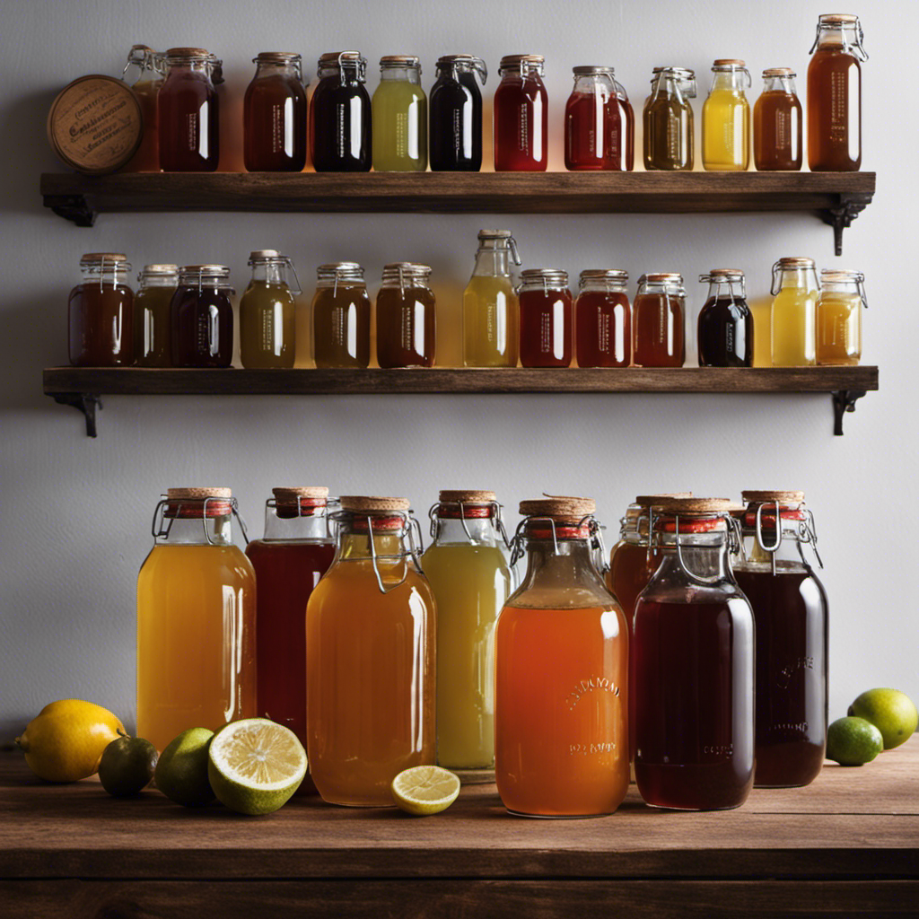 An image showcasing the art of preserving kombucha: a glass jar filled with vibrant, effervescent kombucha, surrounded by a cool, dark cellar, shelves displaying neatly labeled bottles, and an antique wooden barrel exuding a sense of timeless craftsmanship