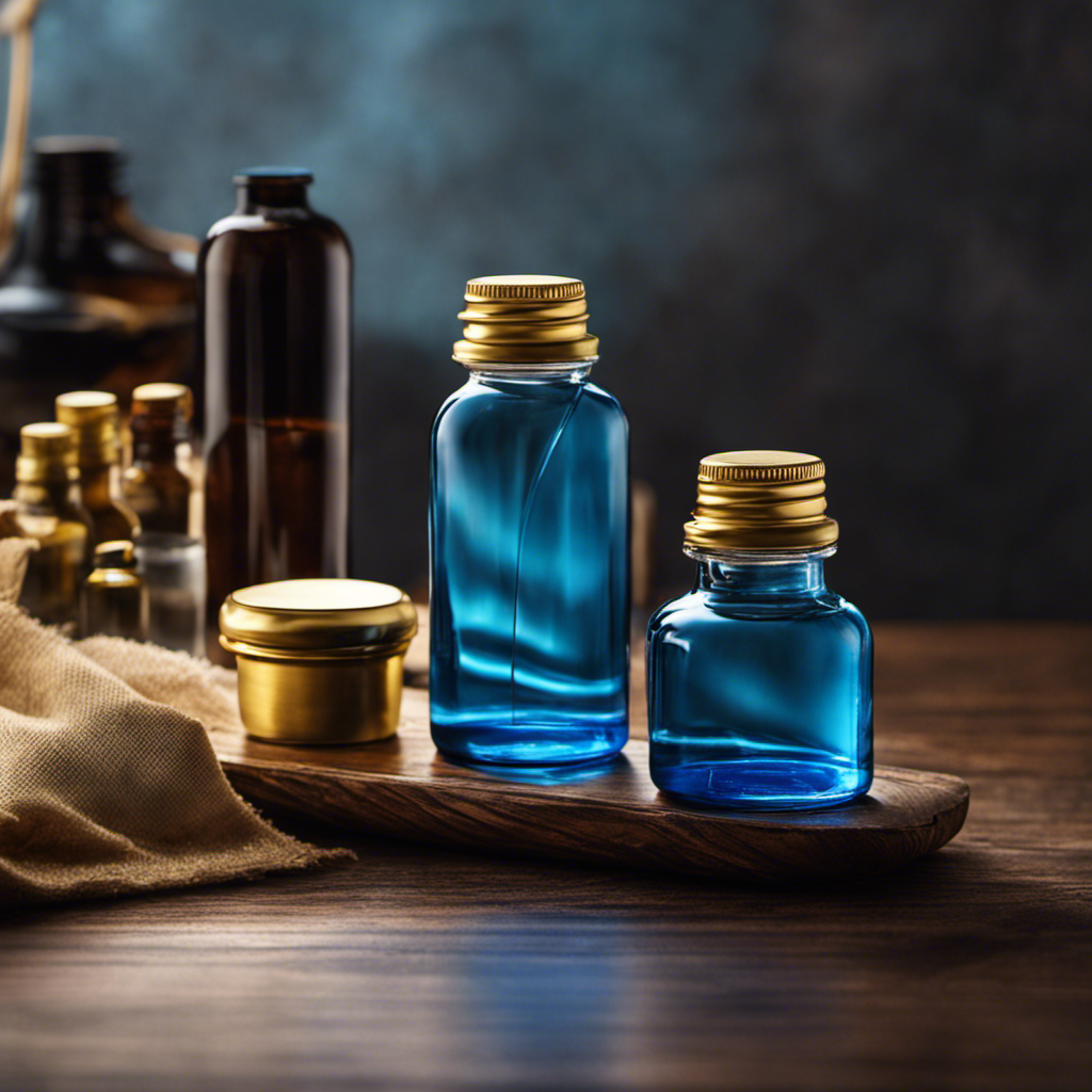 An image showcasing a close-up of two 2 oz glass bottles with screw-on lids, one filled with vibrant blue liquid and the other with a golden oil, placed on a wooden surface with natural light illuminating the bottles