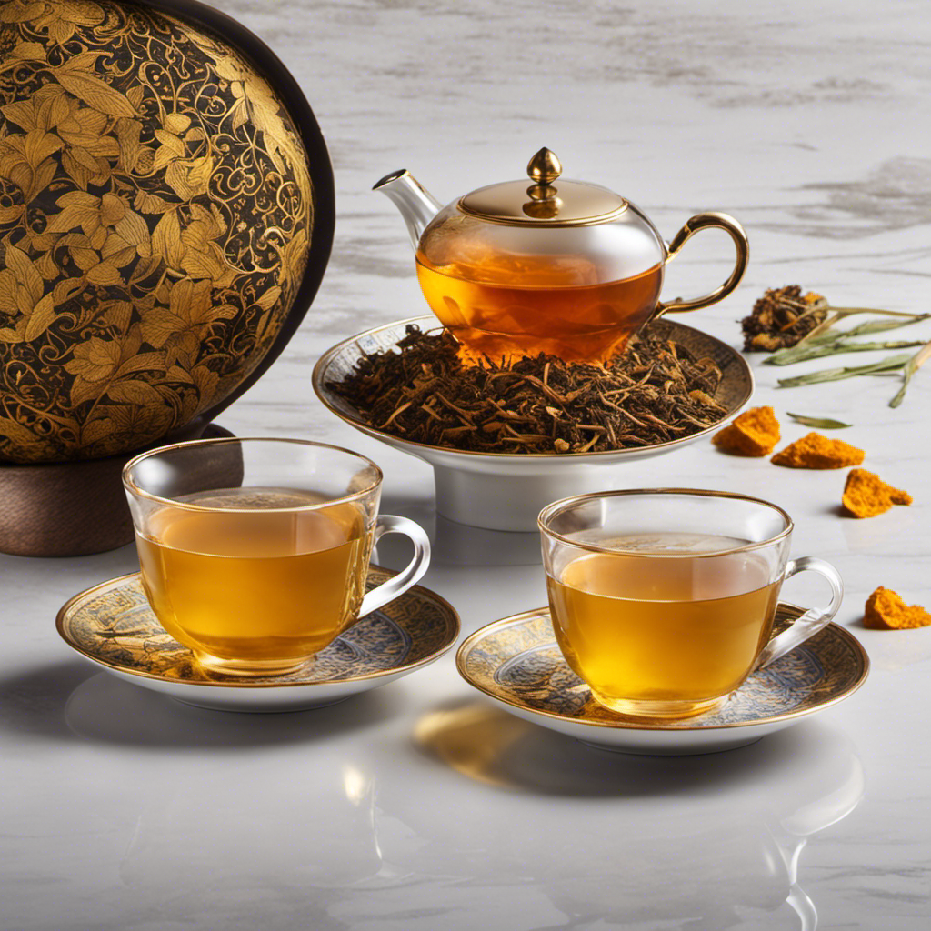An image that showcases the vibrant golden hue of Pu-Erh Tea Turmeric, with steam gently wafting above a delicately patterned teacup, surrounded by freshly grated turmeric roots and exotic tea leaves