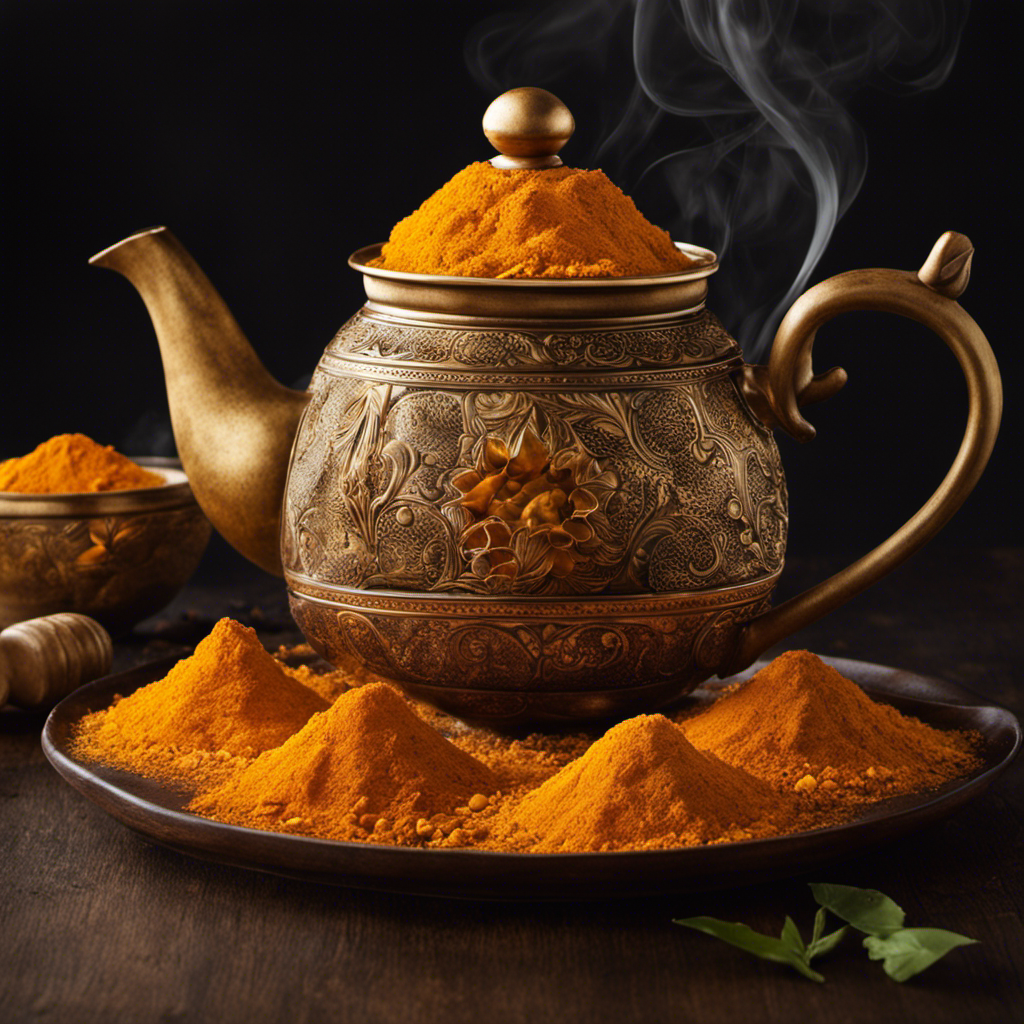 An image showcasing the vibrant, golden hues of fresh turmeric roots being steeped in a teapot, as steam gently rises, capturing the invigorating aroma