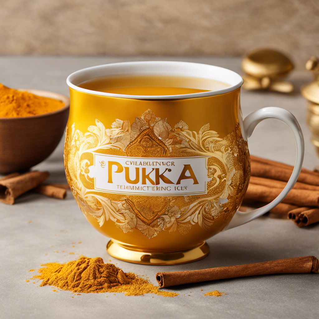 An image showcasing the warmth of a golden cup of Pukka Turmeric Gold tea, radiating with vibrant hues of turmeric, ginger, and cinnamon, evoking feelings of comfort, wellness, and rejuvenation