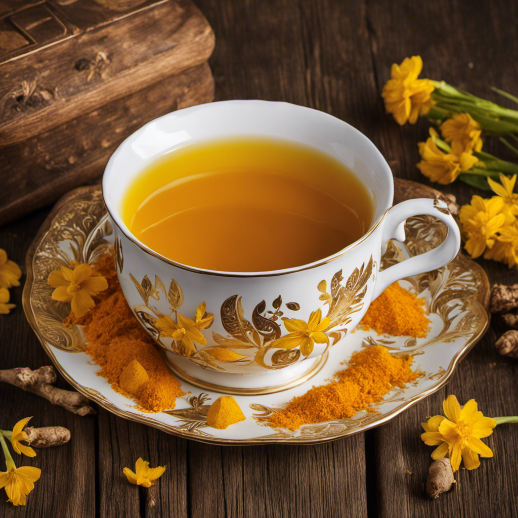 An image showcasing a steaming cup of Pukka Turmeric Gold tea, presented on a wooden table adorned with vibrant yellow turmeric roots and delicate golden flowers, exuding warmth and serenity