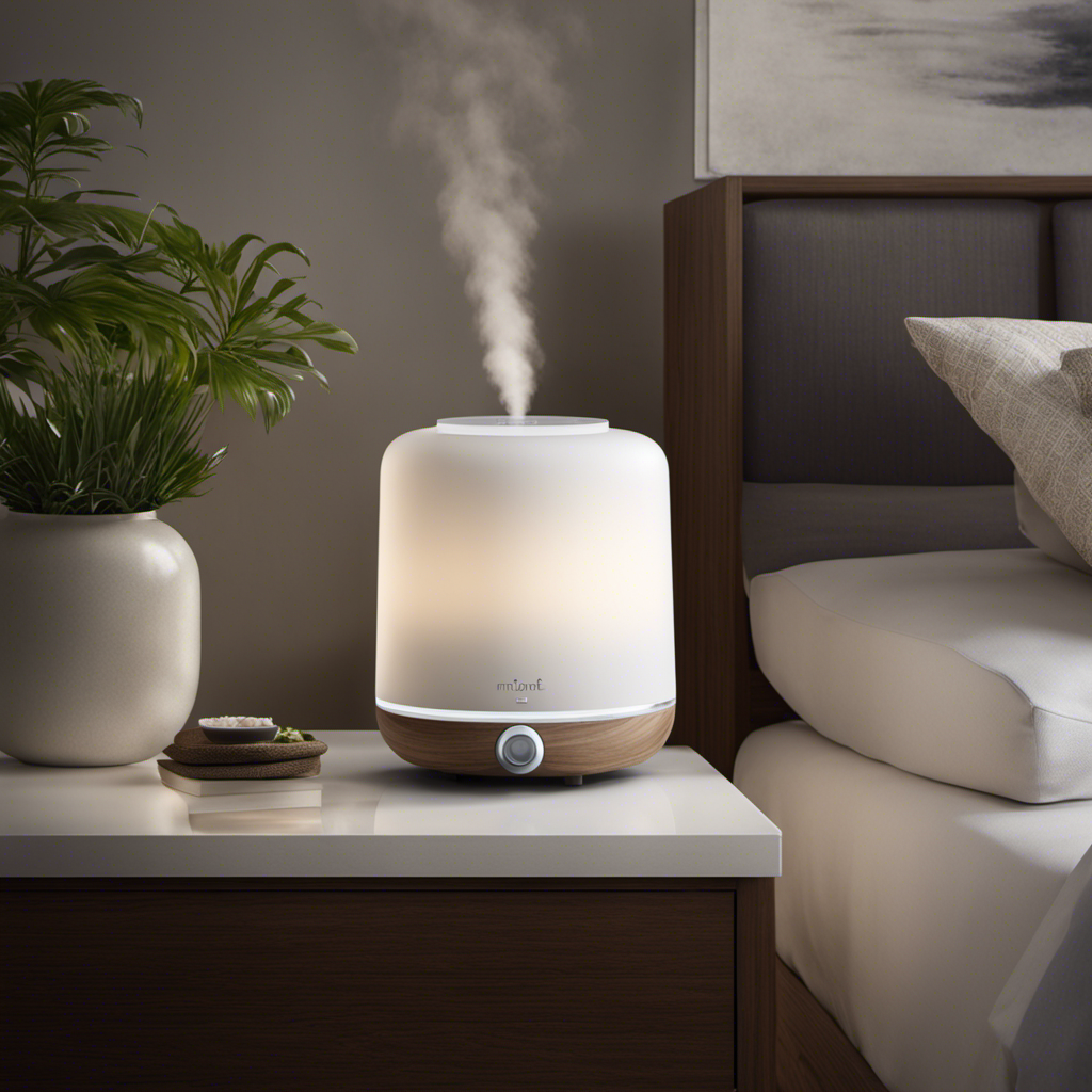 An image that captures the serene ambiance of a peaceful bedroom, featuring a Pure Enrichment MistAire Humidifier elegantly placed on a nightstand, emitting a gentle mist, enveloping the room in a soothing and refreshing atmosphere