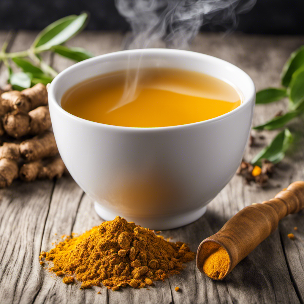 An image showcasing a steaming cup of Pure Tea Turmeric Curcumin, with vibrant golden hues, aromatic steam, and scattered turmeric roots, evoking an inviting and rejuvenating atmosphere