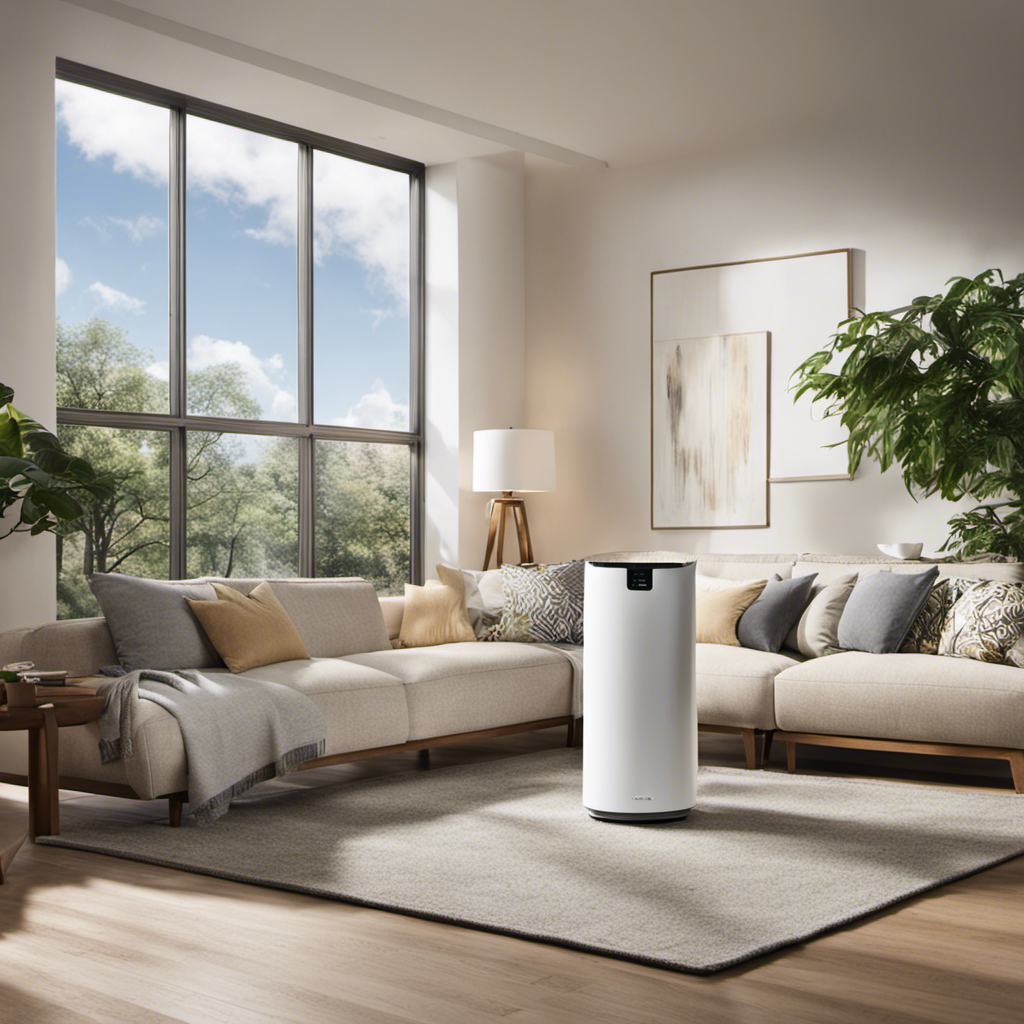 An image capturing the PuroAir HEPA 14 Air Purifier in a cozy living room, with sunlight streaming through the window, illuminating the pristine air as it circulates effortlessly, providing a clean and serene environment