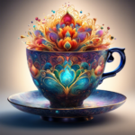 An image showing a mesmerizing teacup, emitting ethereal particles of vibrant colors, swirling and intertwining in intricate patterns, transporting the viewer's imagination to alternate dimensions and sparking curiosity about the mystical powers of quantum tea