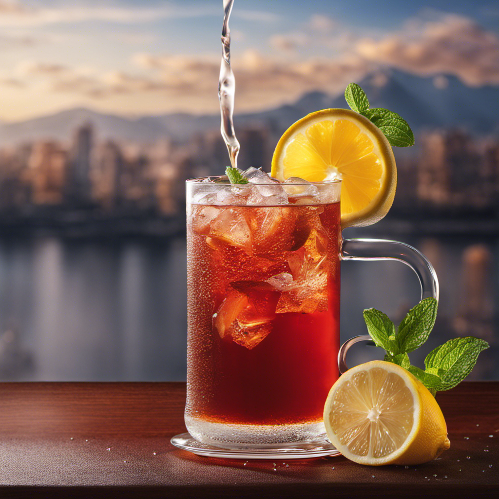 An image showcasing a tall glass filled to the brim with ruby-hued iced Rooibos tea