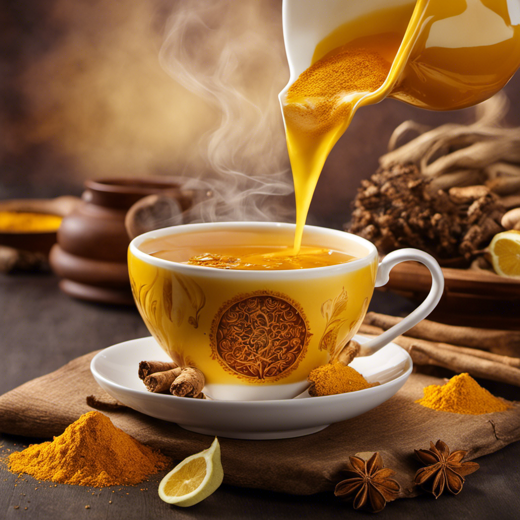 An image showcasing a steaming cup of Quik Tea Turmeric Ginger, with vibrant golden hues swirling in the background