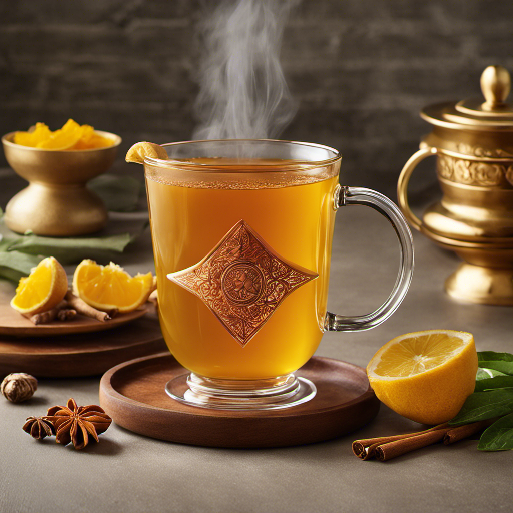 An image that showcases the vibrant infusion of Rachael Ray's Ginger Turmeric Tea, with steam rising from a golden-hued cup, showcasing the aromatic spices and inviting warmth that the tea brings