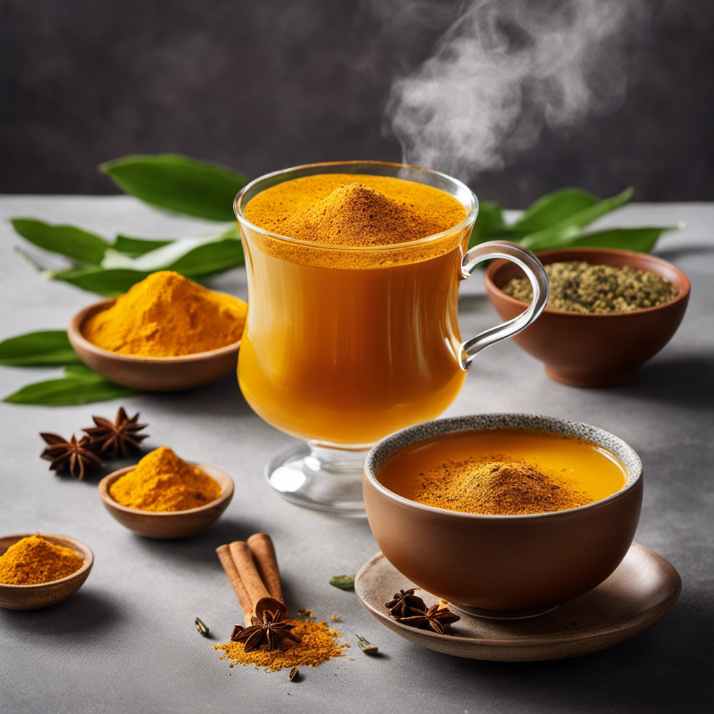 An image showcasing a warm, golden cup of Traditional Medicinals Tea Turmeric, with delicate steam rising, vibrant turmeric root slices floating, and a sprinkling of aromatic spices surrounding the mug