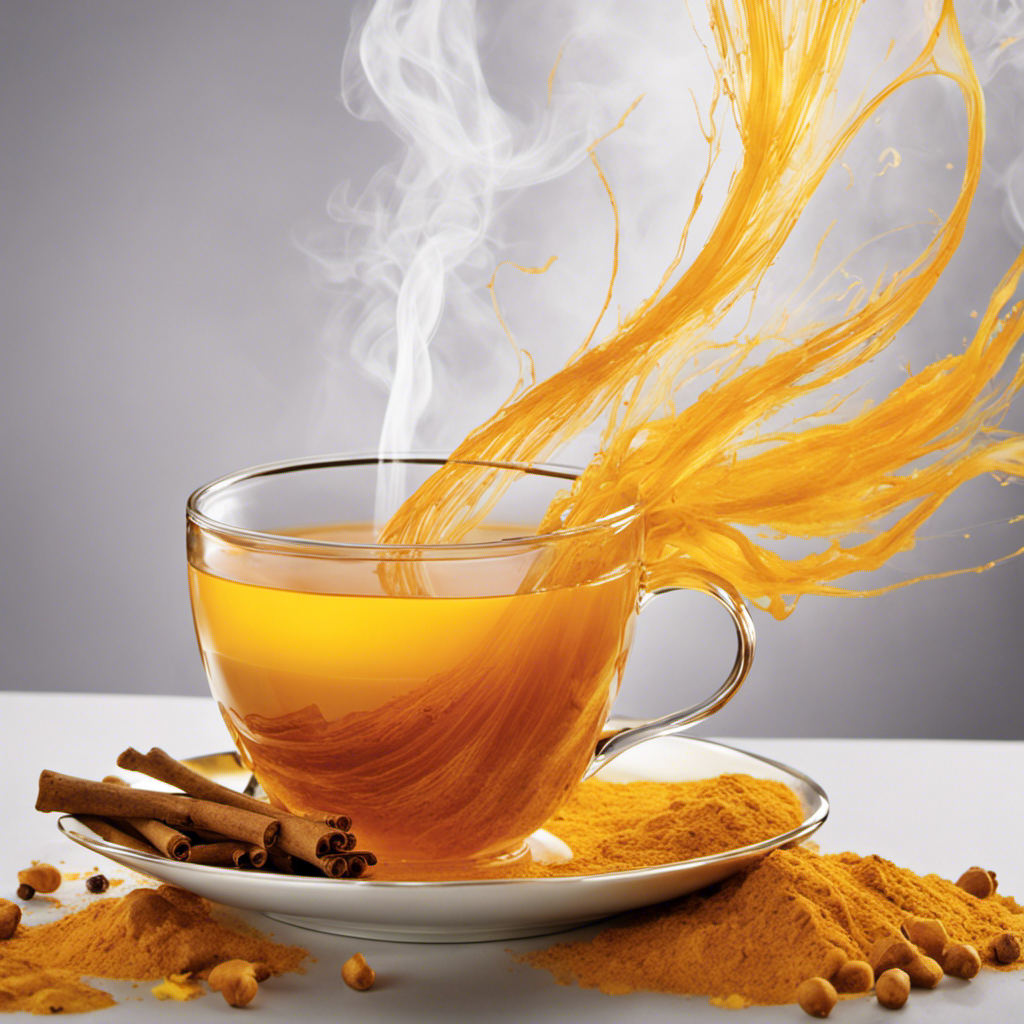 An inviting image of a steaming cup filled with vibrant Rashi Turmeric Tea