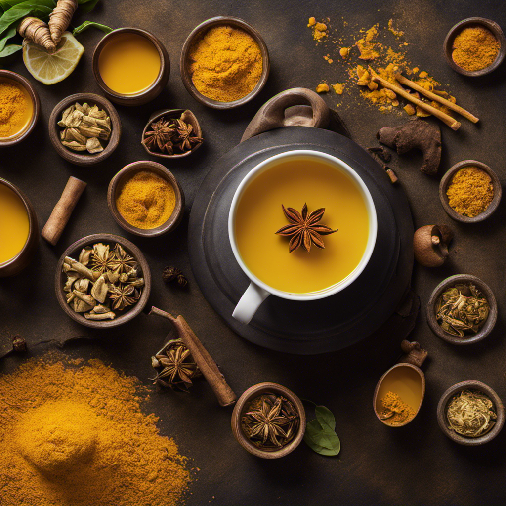 An image that showcases a steaming cup of vibrant yellow raw turmeric root tea, with thin slices of the root floating amidst swirling steam, capturing the essence of its earthy aroma and healing properties