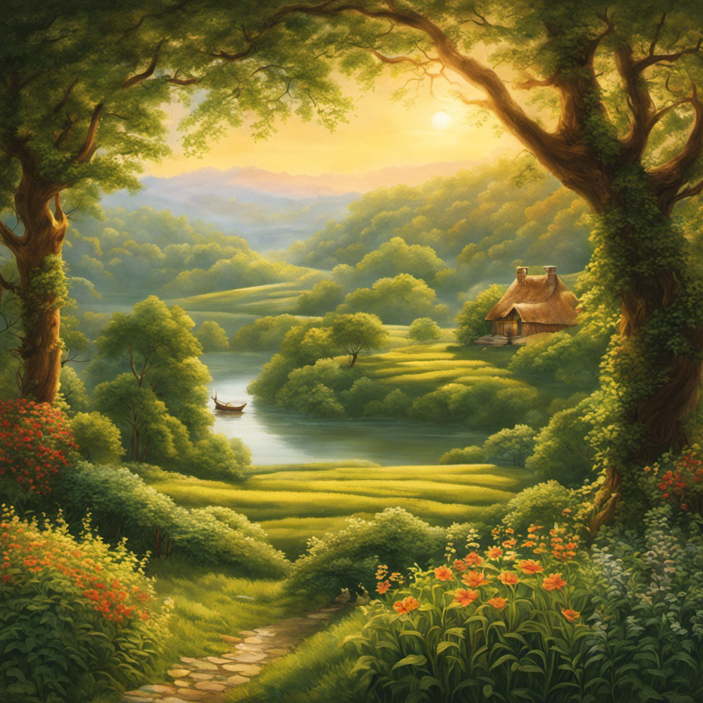 An image depicting a serene morning scene, where a person enjoys a calming herbal tea while basking in the warm glow of the rising sun, surrounded by lush greenery and a sense of tranquility