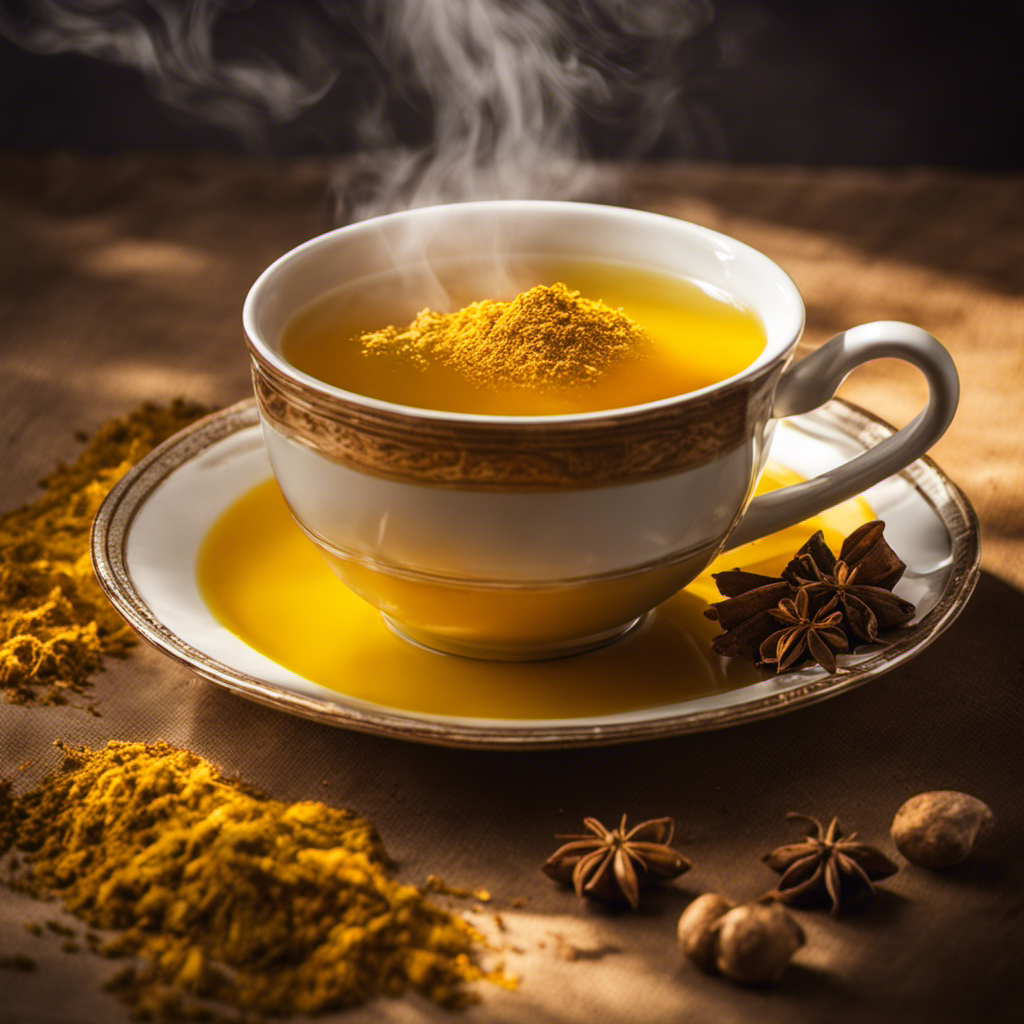 An image showcasing a steaming cup of vibrant yellow tea, brewed with a generous amount of turmeric and ginger