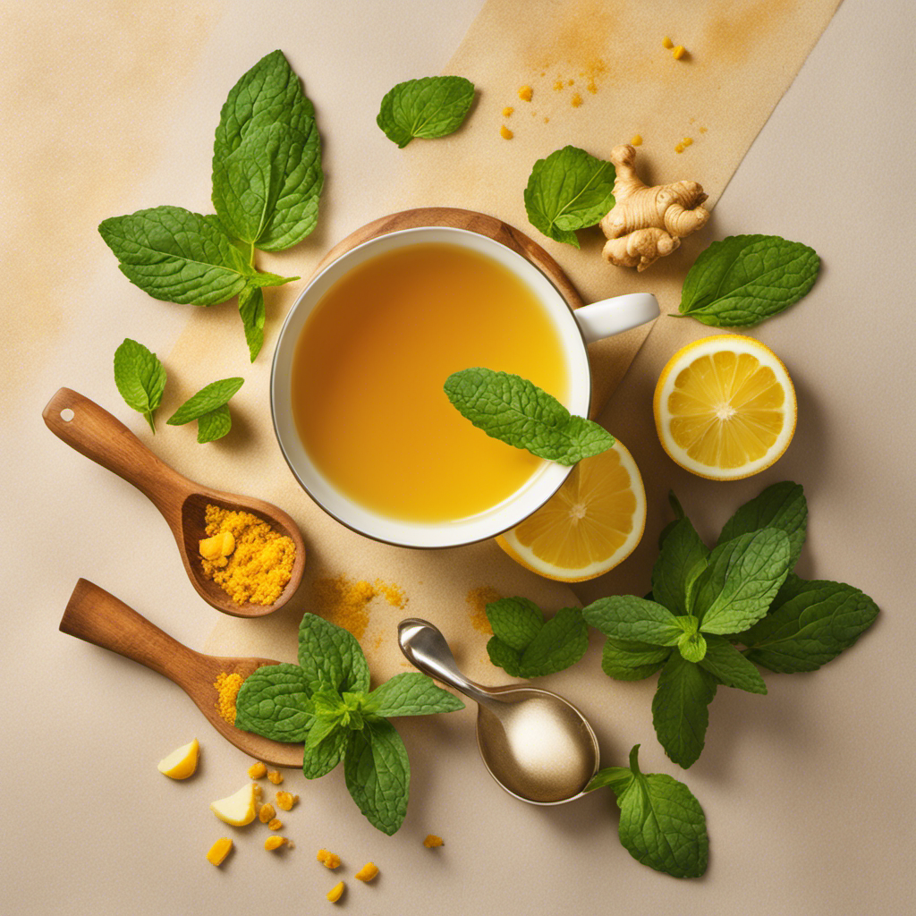 An image showcasing a vibrant cup of golden turmeric tea, steaming and surrounded by fresh ingredients like ginger, lemon slices, and a sprig of mint, evoking a sense of health and weight loss