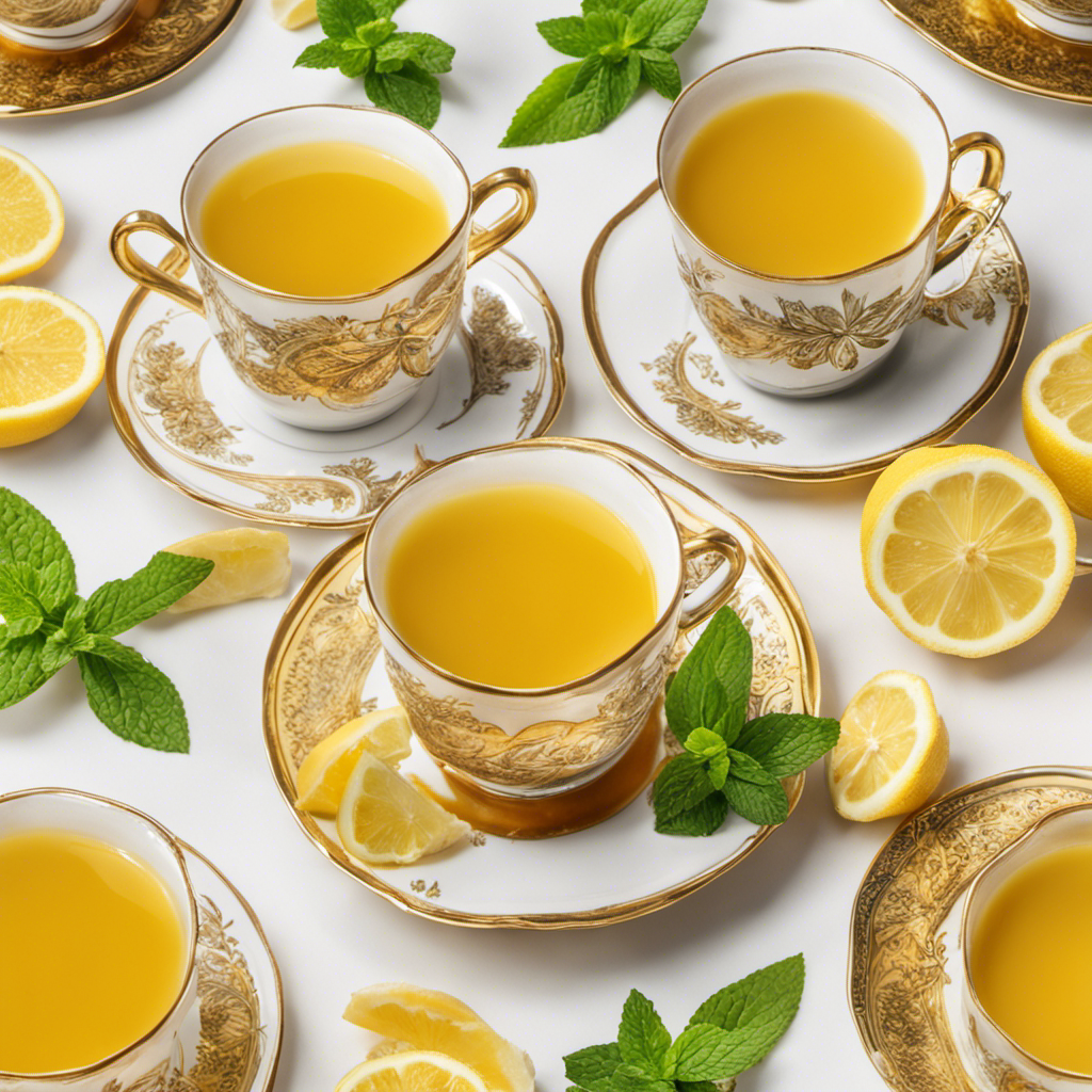 An image showcasing a steaming cup of golden turmeric tea, infused with fresh ginger, honey, and a sprinkle of black pepper, garnished with a vibrant lemon slice and a sprig of fragrant mint