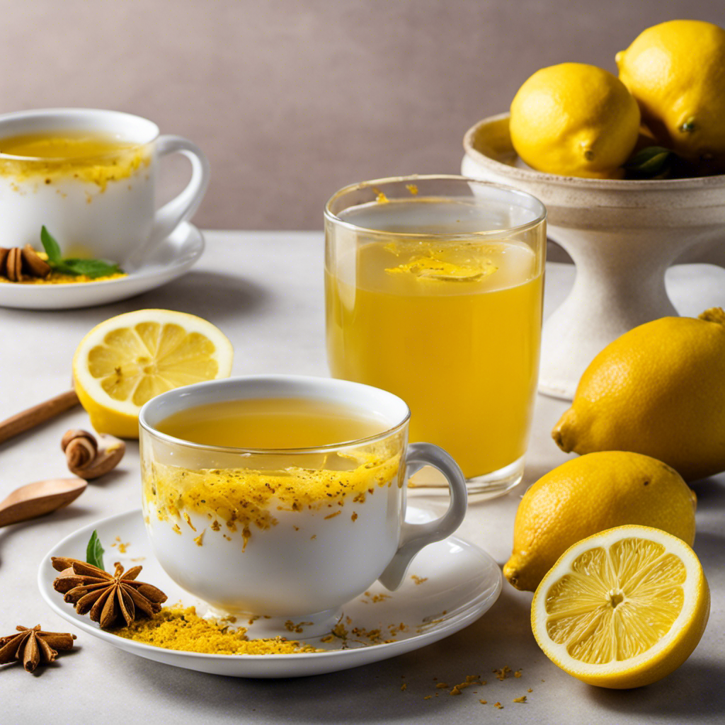 A captivating image showcasing a steaming cup of golden Lemon Turmeric Ginger Tea, infused with vibrant hues and adorned with fresh lemon slices, grated ginger, and a sprinkle of turmeric powder