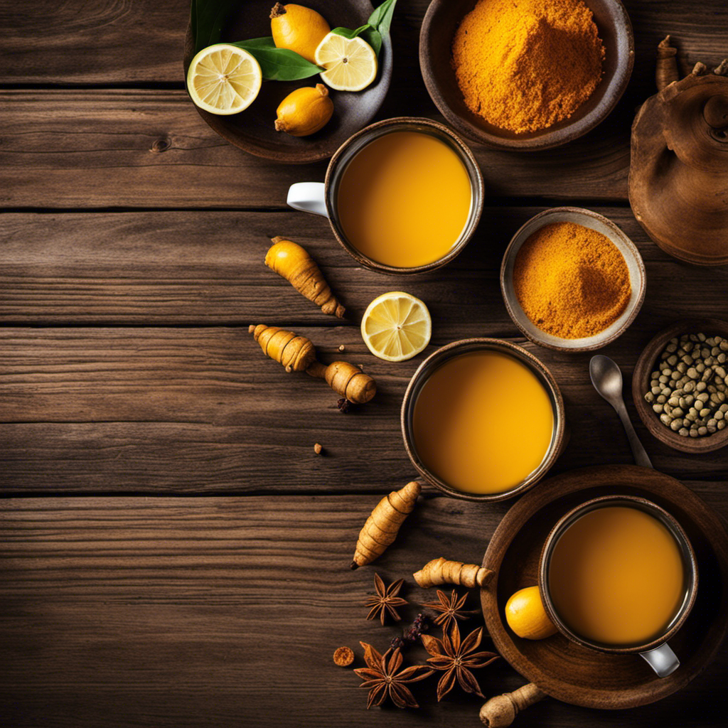 An image showcasing a variety of vibrant, steaming turmeric tea cups arranged on a rustic wooden table