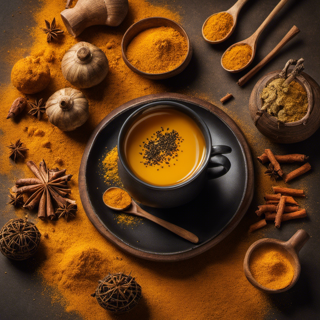 An image capturing the vibrant essence of Reddit Turmeric Tea: a steaming cup brimming with golden hues, delicate wisps of steam, adorned with a sprinkle of freshly ground black pepper, and surrounded by a cluster of turmeric roots