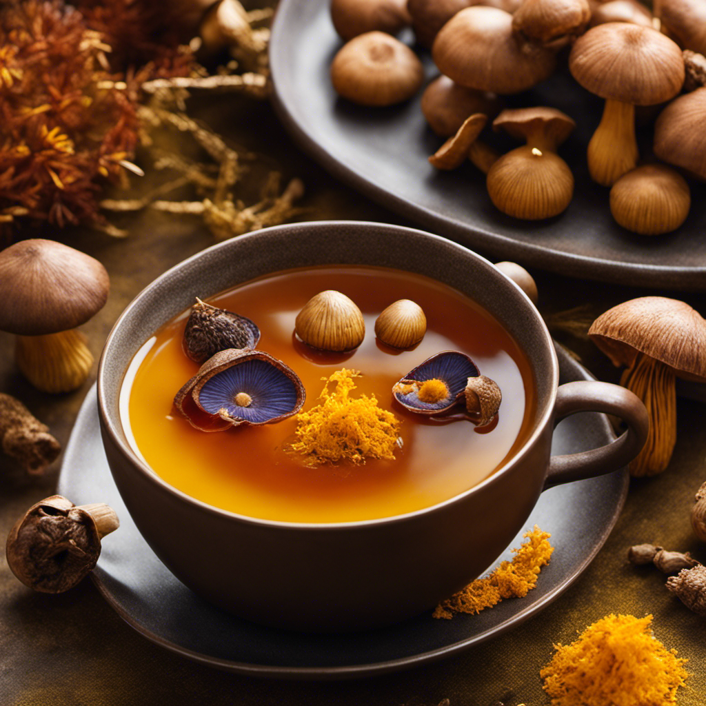 An image that showcases a warm, amber-hued Reishi Mushroom Turmeric Tea, gently steaming in a delicate ceramic cup, surrounded by vibrant golden turmeric roots, dried Reishi mushrooms, and fresh sprigs of aromatic herbs