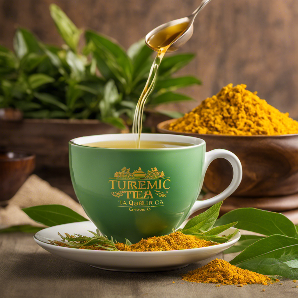 An image featuring a steaming cup of Republic of Tea Organic Turmeric Ginger Green Tea, with vibrant green tea leaves floating in the golden brew, complemented by the warm hues of turmeric and ginger