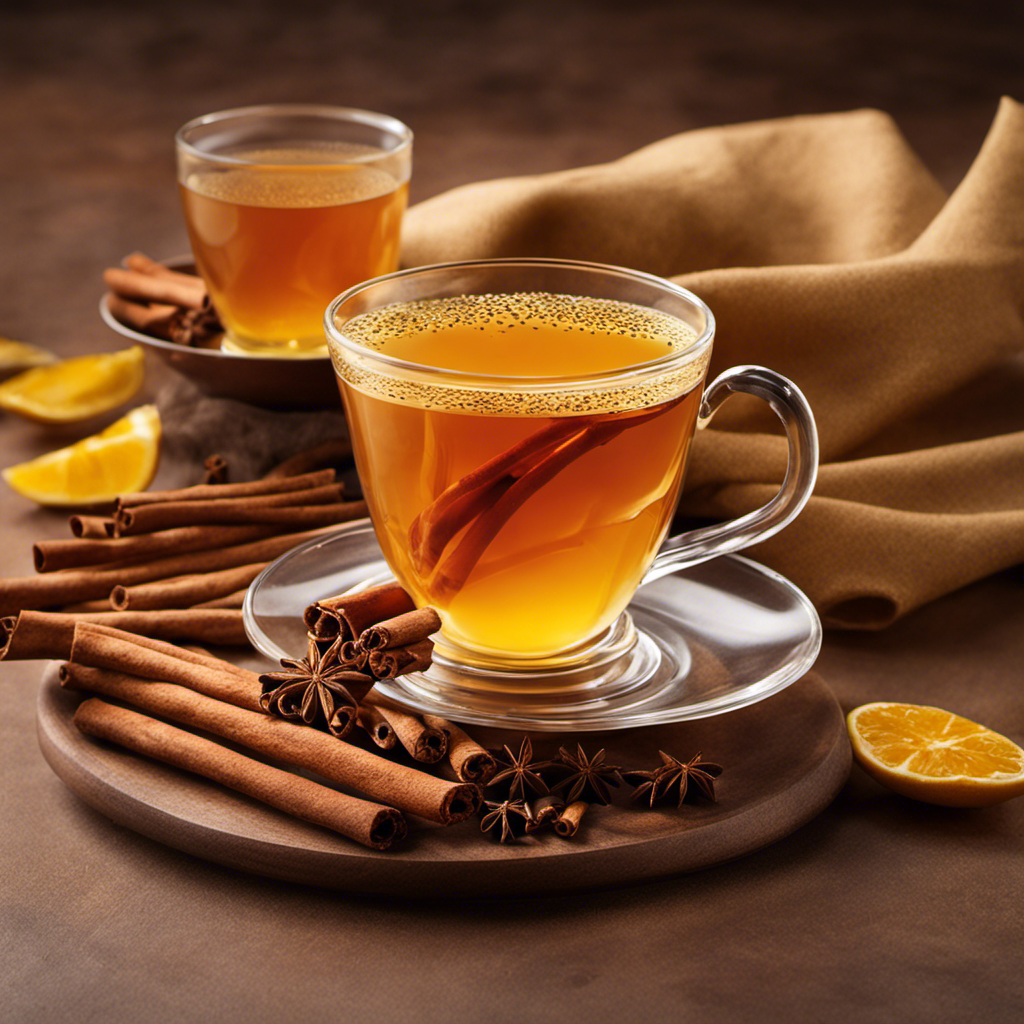 An inviting image showcasing a steaming cup of Republic of Tea Turmeric Cinnamon: golden hues swirling, delicate cinnamon sticks resting on the saucer, wisps of aromatic steam rising, evoking warmth and comfort