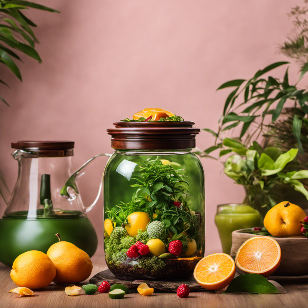An image showcasing a serene setting with a glass jar filled with vibrant, effervescent Jun tea, surrounded by fresh, colorful fruits and lush greenery, inviting readers to revitalize their health naturally