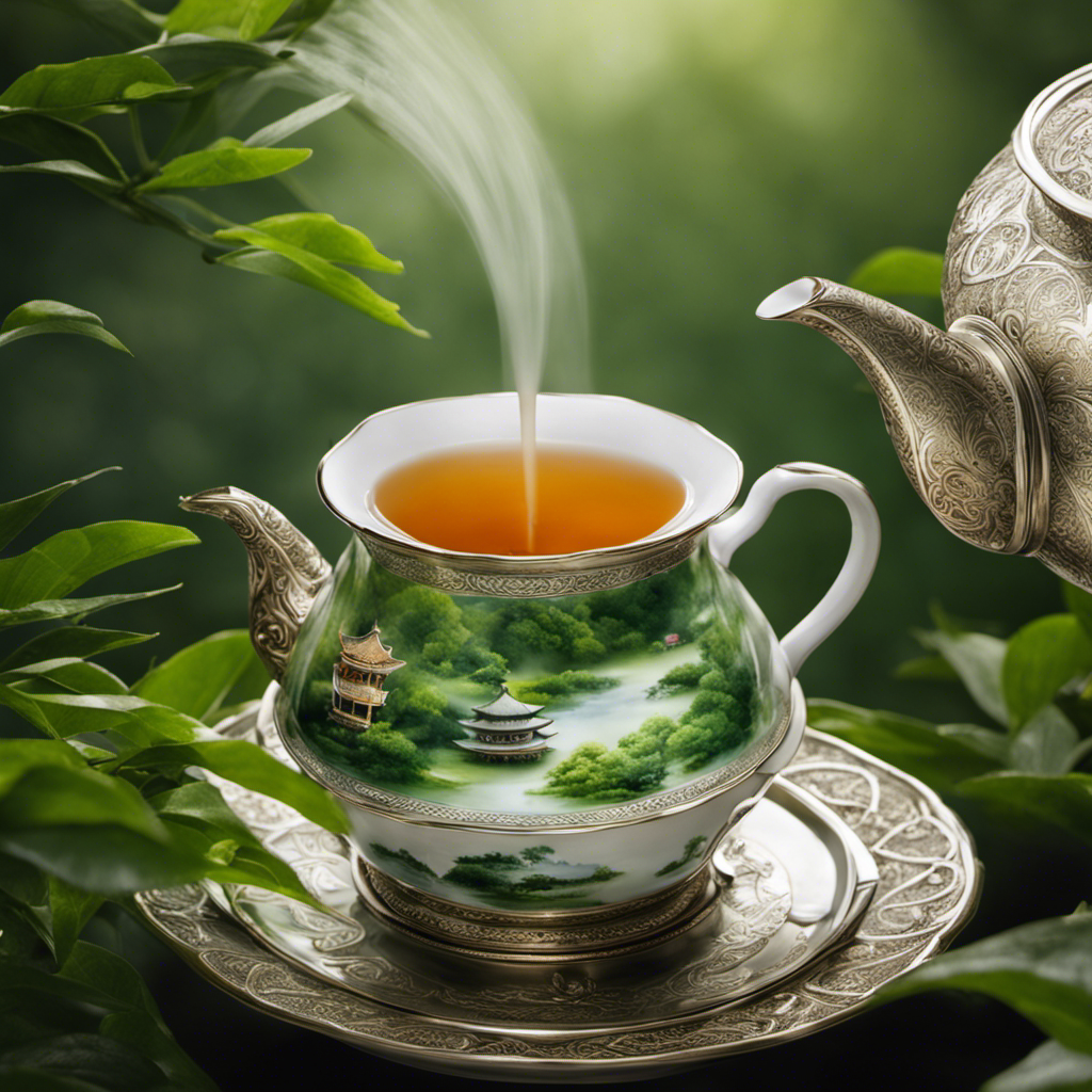 the essence of ancient tea traditions with an image of delicate hands gracefully pouring steaming tea from an intricately designed silver teapot into a dainty porcelain cup, amidst a backdrop of lush green tea leaves