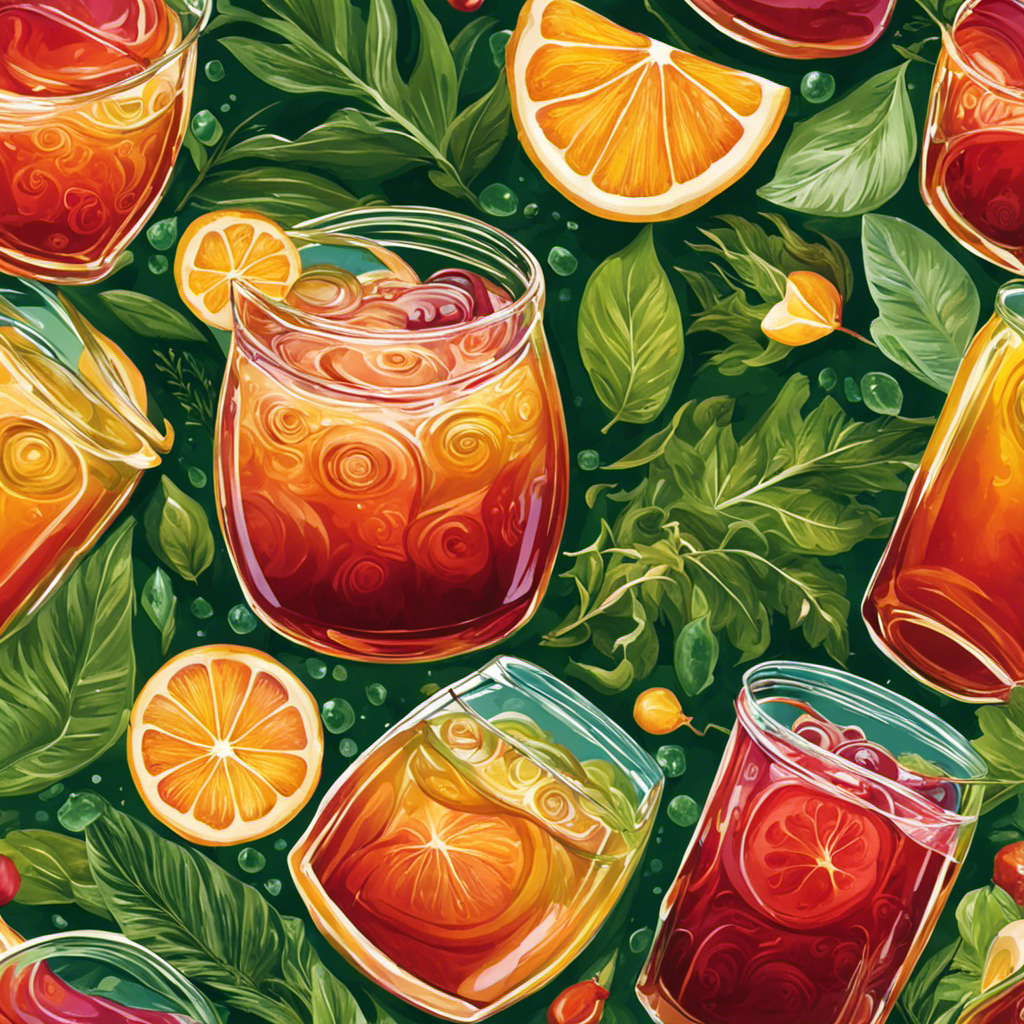 An image that features a close-up of a vibrant, swirling glass of kombucha, brimming with effervescence, surrounded by lush green leaves of various shapes and sizes