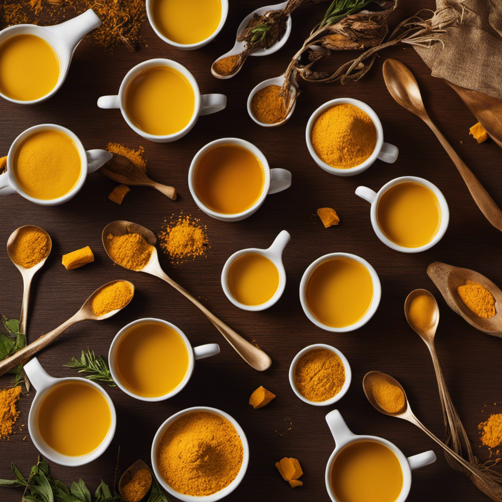An image showcasing the vibrant hues of Risa Tea Turmeric, capturing the golden-yellow powder cascading from a ceramic spoon onto a cup of steaming hot water, evoking warmth and wellness