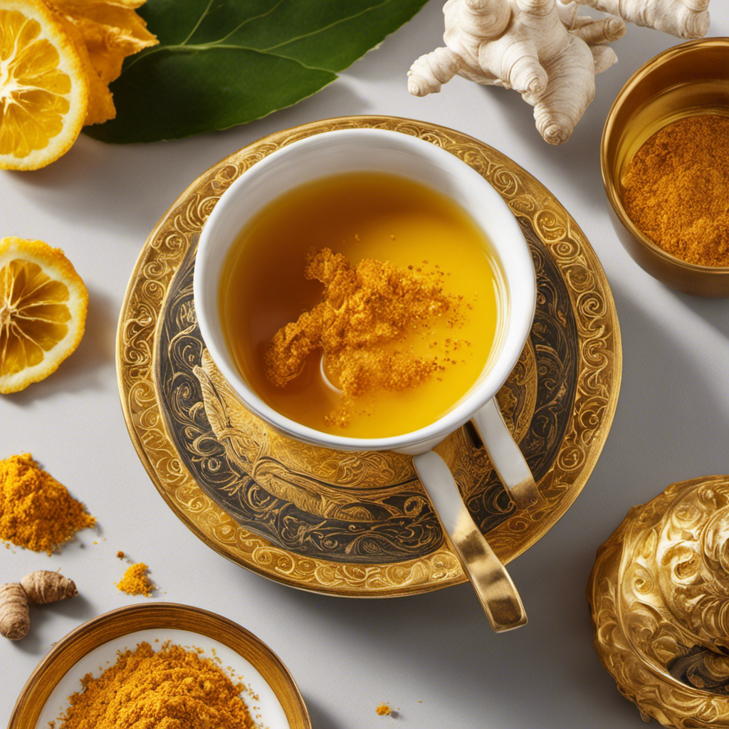 An image showcasing a steaming cup of Rishi Tea's Organic Herbal Tea, Caffeine-Free Turmeric Ginger