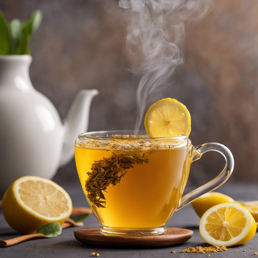An image showcasing a steaming cup of Rishi Tea's Organic Herbal Tea Turmeric Lemon