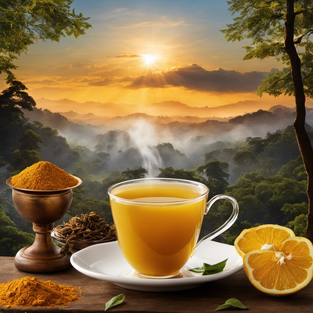 An image that showcases a steaming cup of Rishi Tea's Organic Turmeric Ginger Tea, capturing the vibrant golden hues of the brew, with finely ground turmeric and ginger root floating gracefully amidst the aromatic vapor