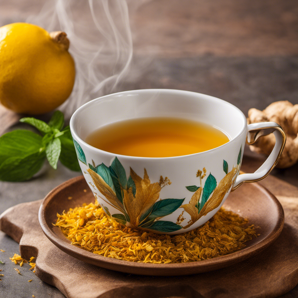 a vibrant, golden-hued cup of Rishi Tea Turmeric Ginger Loose Leaf with wisps of steam gently rising from the mug