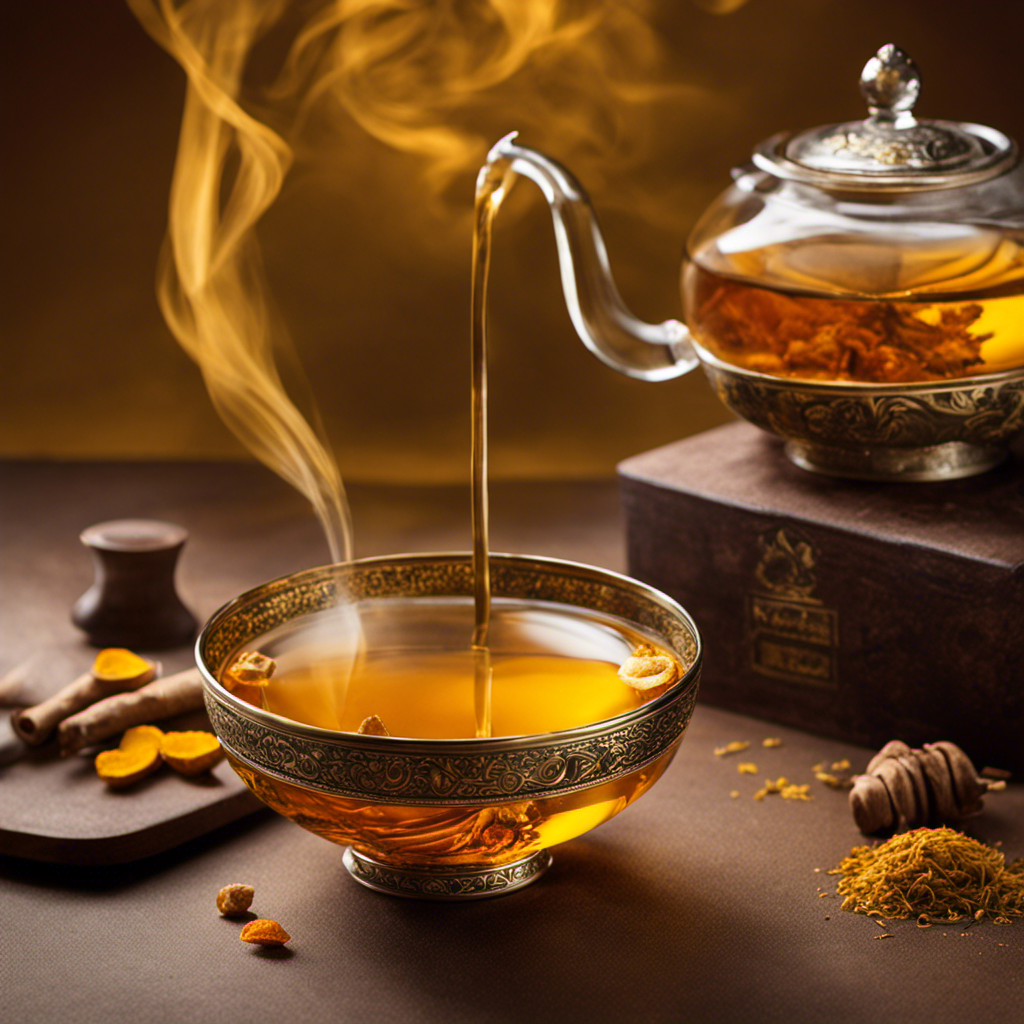 a steaming cup of Rishi Turmeric and Ginger Loose Tea: vibrant golden hues swirl in a delicate glass teacup, while fragrant tendrils of steam rise from the infusion, inviting warmth and relaxation